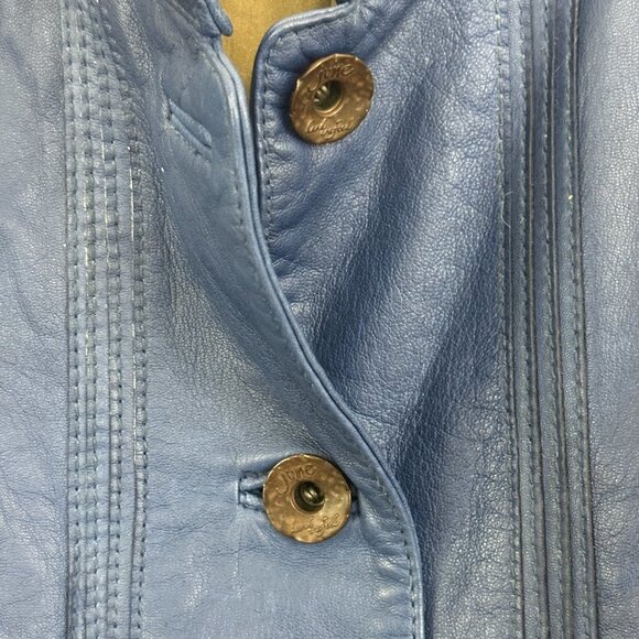 Anthropologie JUNE Handcrafted Medium Blue Cropped 3/4 Sleeve Leather Jacket L - Picture 3 of 12